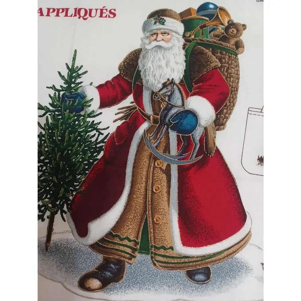 VTG Old Father Christmas Santas Appliques Holiday Appliques Panel Cotton Fabric